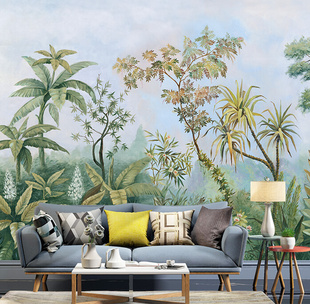 东南亚风格热带雨林墙布，美式风景壁纸芭蕉叶满屋定制环保墙布壁画
