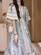 森系小清新气质女装高级感蓝色民族风连衣裙子长裙2023年夏季