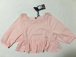 超仙可爱水粉色波点雪纺，宽松中袖短款娃娃公主领t恤罩衫
