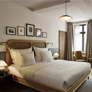 法式复古实木藤床 北欧风格美式乡村仿古做旧双人床卧室床