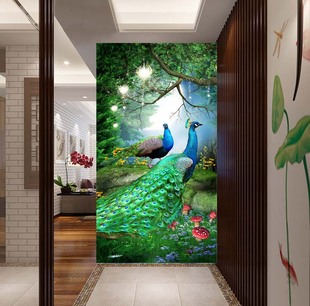 印花法国DMC十字绣套件 客厅玄关竖版挂画 绿光森林孔雀