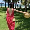 度假风露背裙超仙无袖连衣裙玫红格子显白宽松夏季海边沙滩裙