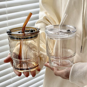 竹节玻璃吸管杯ins风双饮口咖啡杯带盖牛奶杯家用女饮料喝水杯子