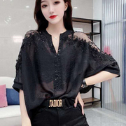 雪纺衬衫女2022夏季韩版蝙蝠袖V领设计感小众上衣宽松短袖T恤