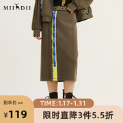 miidii谜底冬季复古时尚，个性撞色松紧腰下摆，开叉半身裙214mb2546