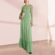气质千金感连衣裙圆领法式超仙薄荷绿长裙，夏假两件度假长袖裙子女