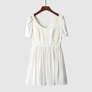 品牌折扣女装夏季拼接款白色简约修身百搭中长款短袖连衣裙