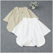 日系简约娃娃领短袖上衣 宽松版单排扣百搭纯色衬衫夏季全棉