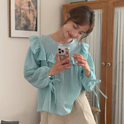 韩国chic夏季法式甜美圆领拼接荷叶边后背系带宽松泡泡袖衬衫女