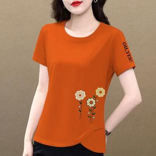 显瘦夏季短袖t恤女橙色棉2024宽松大码正肩体恤不规则上0326n