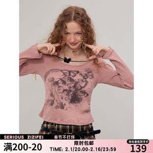 ziziFei春秋季美式复古蝴蝶印花上衣针织打底衫修身显瘦长袖T恤女
