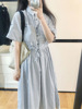 夏季条纹Polo领小个子短袖连衣裙简约腰间系带长裙子XY47279
