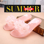 珠花朵水晶拖鞋夏季女士，凉拖鞋室，内外防滑一字型平底厚底沙滩鞋