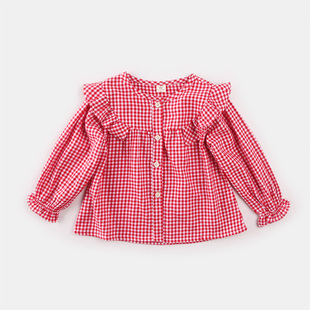 红色格子女童大地衬衫女宝宝长袖，娃娃衫儿童春装衬衣上衣纯棉体恤