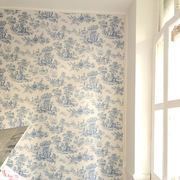 花鸟人物新中式无缝壁布青花瓷蓝色墙纸法式书房美式田园卧室壁纸