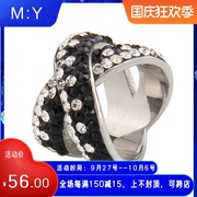 时尚流行不锈钢镶钻戒指 两排花色钻戒指男女式交叉指环