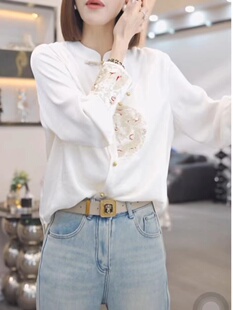 新中式重工绣花雪纺衬衫，2024年早春季国风宽松长袖，白色上衣女