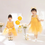 2024女孩5-7岁儿童摄影服装鹅黄色小清新吊带纱裙公主唯美衣