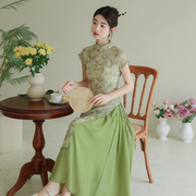 新中式日常改良旗袍长衫，女夏季印花收腰修身国风裙子罩衫两件套装