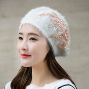 日系手工缝钉珠子贝雷帽，女秋冬天韩版兔毛线蓓蕾帽，保暖针织画家帽