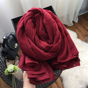 酒红色棉麻围巾春秋冬季保暖披肩两用百搭纯色，长款大尺寸文艺丝巾