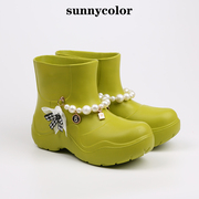 SUNNY COLOR珍珠蝴蝶结雨靴女时尚款外穿防水鞋防滑短靴厚底雨鞋
