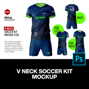 V领短袖运动服足球队服球衣服装设计贴图ps样机素材展示效果模板