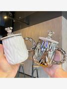 现代简约银白小熊陶瓷杯带盖带勺办公室咖啡马克杯轻奢高颜值水杯