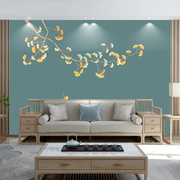 沙发新中式花鸟影视墙电视，背景墙纸8d壁画卧室定制银杏叶壁布