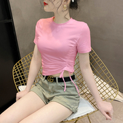 粉色短袖t恤女夏季纯棉抽绳系带褶皱绑带小众设计感短款上衣