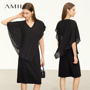 amii法式雪纺连衣裙女v领假两件不规则长裙，设计感简约a字小黑裙子