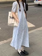 国风新中式蓝色缠绕花立领连衣裙，夏季度假裙遮肉显瘦甜美风长裙女