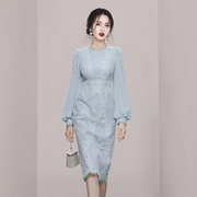 蓝色蕾丝连衣裙长袖气质初秋女装2022长款修身包臀一步裙高端