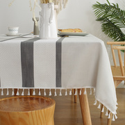 灰色条纹茶几桌布棉麻餐桌布绿色高级感现代简约长方形四方桌台布