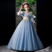 女童绝美公主裙蓝色时尚前短后长连衣裙儿童高级质感香槟色晚礼服