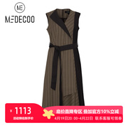 MEDECOO/墨蒂珂2022春季 撞色V领收腰系带无袖竖条纹连衣裙子