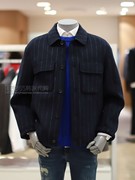 bon韩国2023冬季深蓝色翻领单排扣条纹羊毛短款夹克外套外穿