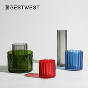 Best west 彩色透明竖楞纹水培玻璃花瓶家居客厅软装饰品插花器