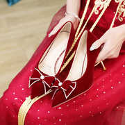 高级定制红色结婚鞋子女细跟水钻蝴蝶结高跟鞋新娘秀禾服尖头单鞋