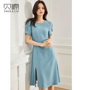 贝源法式小众时尚蓝色开叉雪纺女裙2024中长款显瘦短袖连衣裙