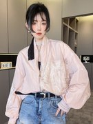 rrfashion外套女2024夏季拼接蕾丝勾花长袖，棒球服拉链上衣