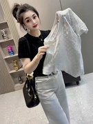 欧货2025夏季新镂空提花蕾丝短袖T恤女宽松圆领洋气小衫正肩上衣