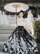 新中式国风汉服汉元素刺绣花长袖+酷黑烫金孔雀马面裙女装