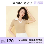 IAmMIX27短袖套头衫女夏季薄款上衣个性撞色拼接POLO领套头针织衫