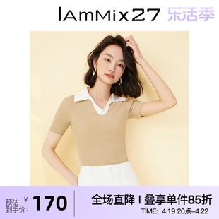 iammix27短袖套头衫女夏季薄款上衣，个性撞色拼接polo领套头针织衫