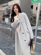 韩系灰色双面羊绒大衣女2023秋冬高级感毛呢羊毛呢子冬季外套