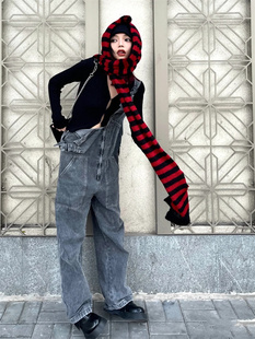 秋冬亚文化朋克黑红条纹围巾，超长保暖针织毛线男女同款凹造型神器