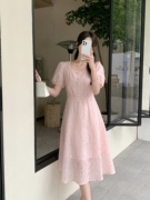 2023夏韩版减龄气质甜美淑女连衣裙醋酸面料设计感珍珠领子仙女裙