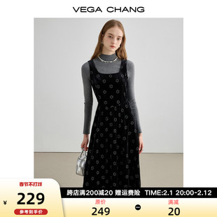 vegachang丝绒连衣裙，女2023年秋冬法式小众黑色刺绣背心长裙