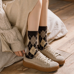 羊毛袜子女式中筒袜英伦风保暖菱形格加绒加厚毛绒长袜ins潮冬季
